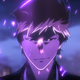 Ichigo Kurosaki, the main character in Bleach, smirking and surrounded by purple flame.